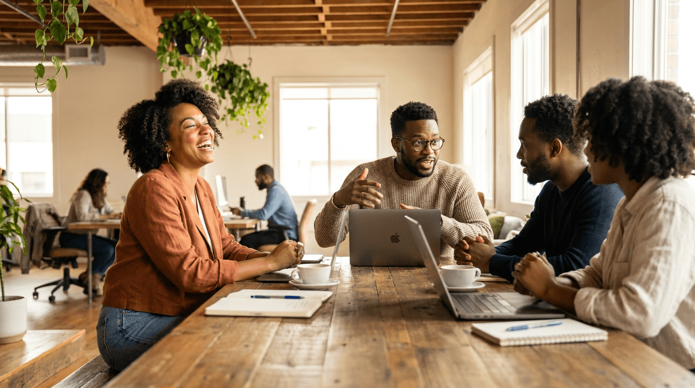 Diaspora founders collaborating in a coworking space
